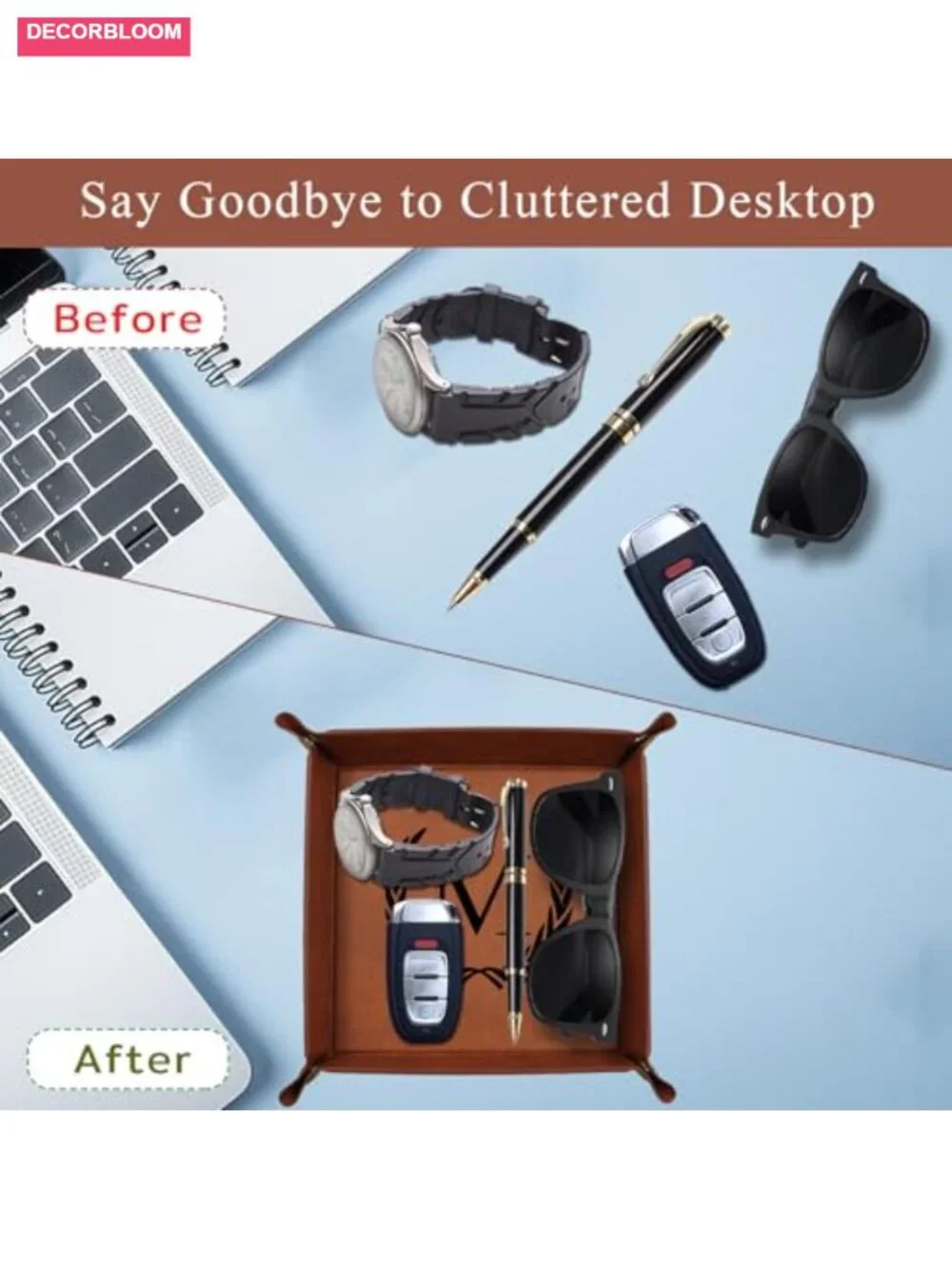 Personalized PU Leather Valet Tray - Laser Engraved Initials Key & Watch
